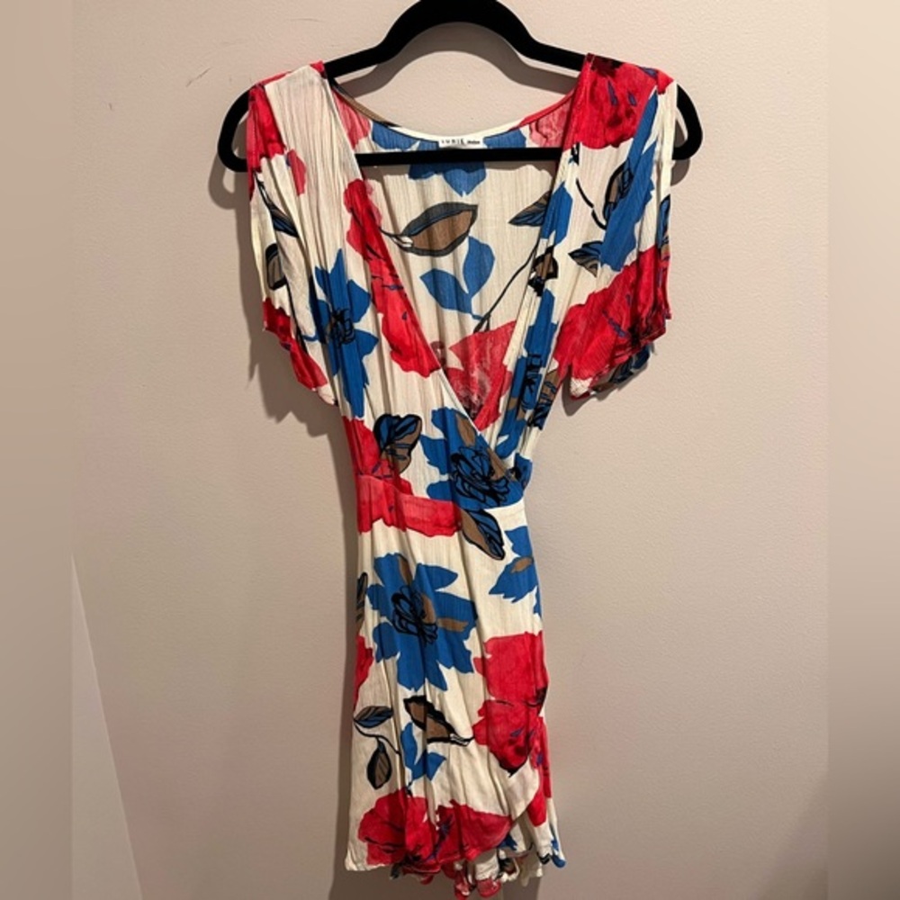 Mini Floral Wrap Dress in Red and Blue
